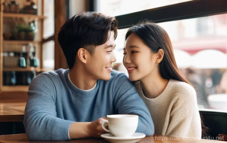 한국 로맨스 영화 추천 리스트 - **Prompt:** A young Korean couple, a man and a woman in their early twenties, sharing a quiet, tende...