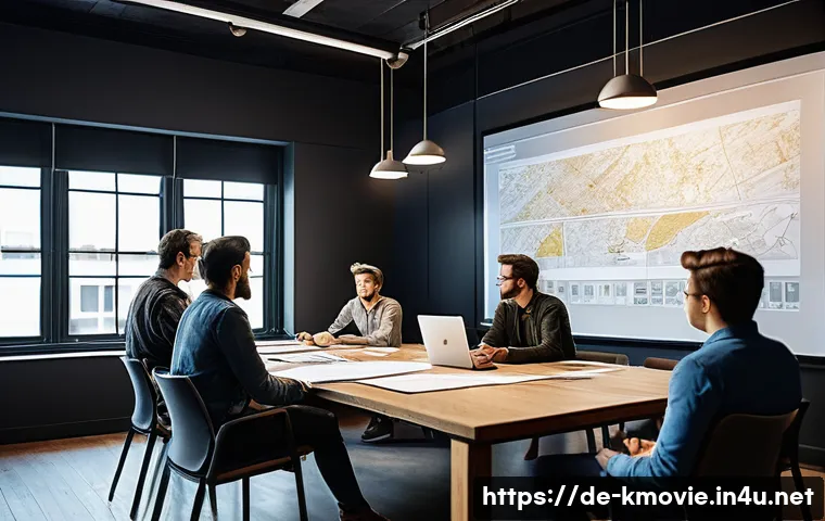 영화 제작 비하인드 스토리 - **"A vibrant and creative pre-production meeting taking place in a modern studio space. A diverse gr...