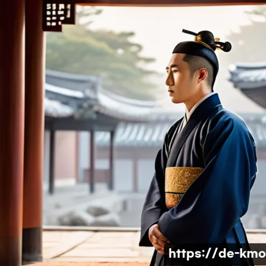 신과함께  배우 캐릭터 분석 - A detailed portrait of Gang-rim, a responsible and compassionate figure, standing in a traditional K...