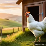 마당을 나온 암탉  줄거리와 교훈 - A courageous hen standing at the edge of a cozy but confining wooden chicken coop at sunrise, gazing...