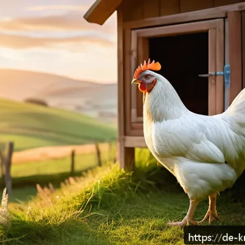 마당을 나온 암탉  줄거리와 교훈 - A courageous hen standing at the edge of a cozy but confining wooden chicken coop at sunrise, gazing...