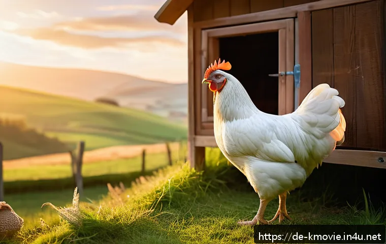 마당을 나온 암탉  줄거리와 교훈 - A courageous hen standing at the edge of a cozy but confining wooden chicken coop at sunrise, gazing...