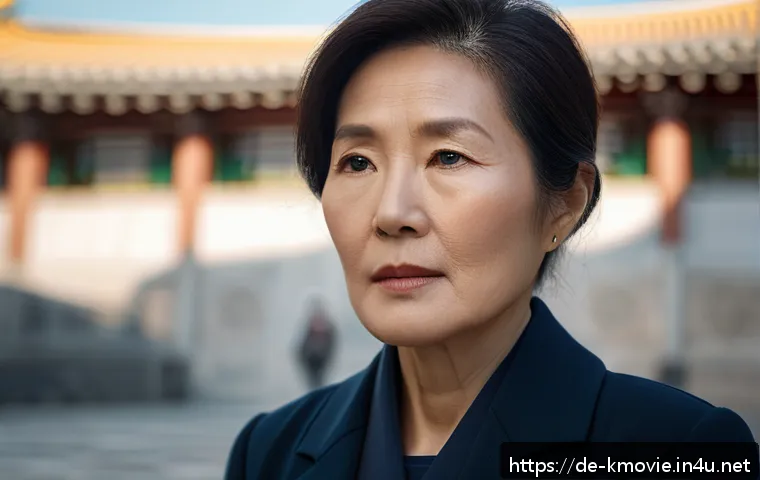 전도연의 대표작 소개 - A portrait of a mature Korean woman with a serene yet intense expression, subtle facial gestures con...